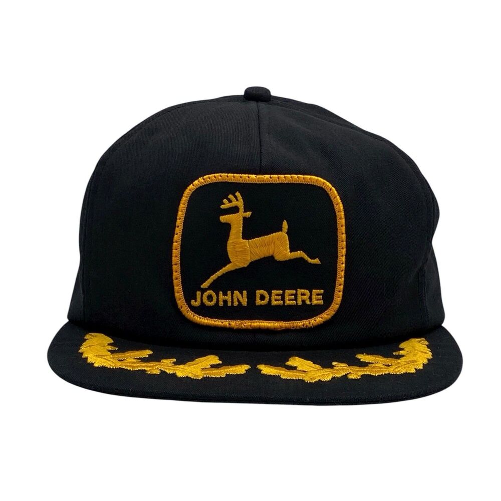 Vintage K-Products John Deere Black‎ Snapback Trucker Hat Patch Gold Leaf